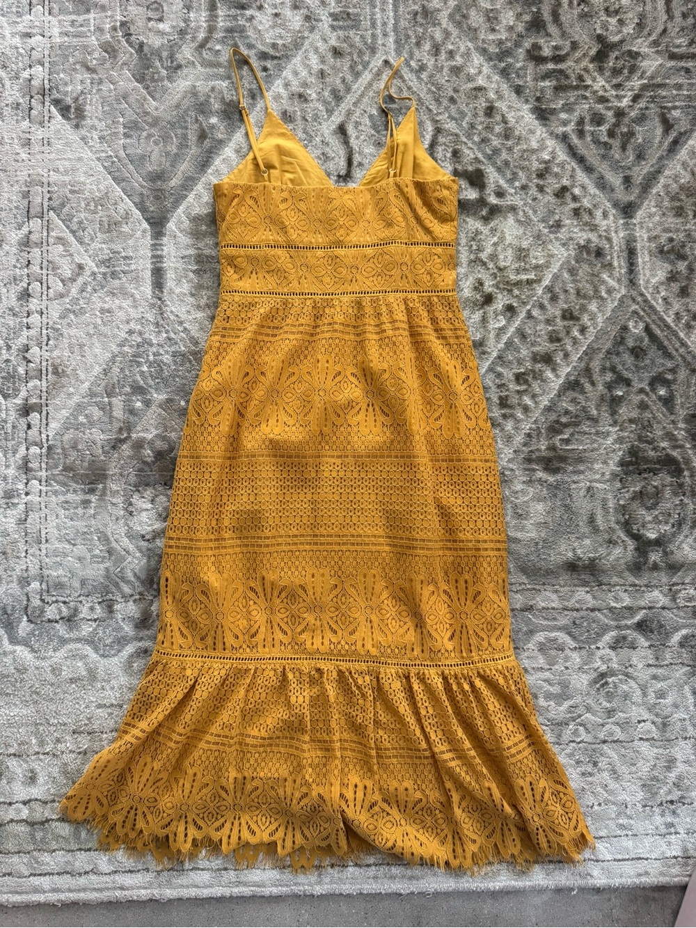Lulus Robyn Mustard Yellow Spaghetti Strap Lace Button-Up Midi Dress - Picture 7 of 9